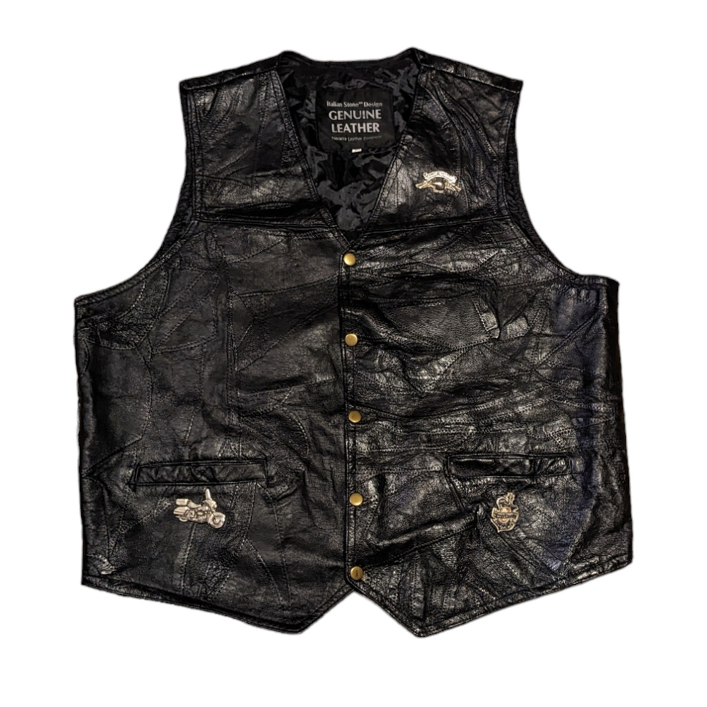 Italian Stone Genuine Leather Snap‎ Front Motorcycle Vest with pins